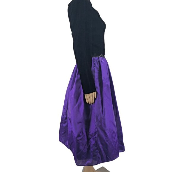 Jessica McClintock Gunne Sax Black Velvet & Purple Satin Long Sleeve Dress, Size - Picture 3 of 8